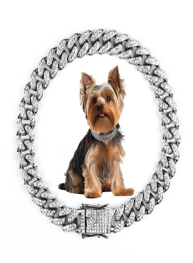 OXDFK Cuban Dog Chain Collars, Silver Crystal Pet Necklace, Metal Pet Necklace with Safety Buckle Lock, for Small Medium Large Dogs Cats (12 Inch) - Image 1